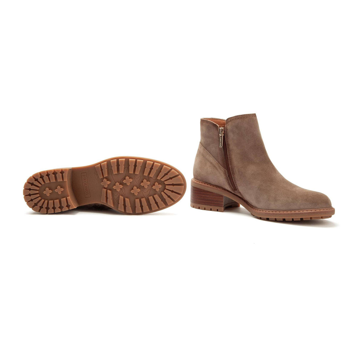 Pikolinos Women's Medina Low Side Zip Heeled Boot in Taupe Suede