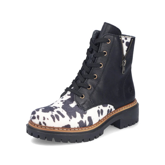 Rieker Women's Pearl 17 Side Zip Lace Boot in Black/Cow Print Weiss-Schwarz/Schwarz
