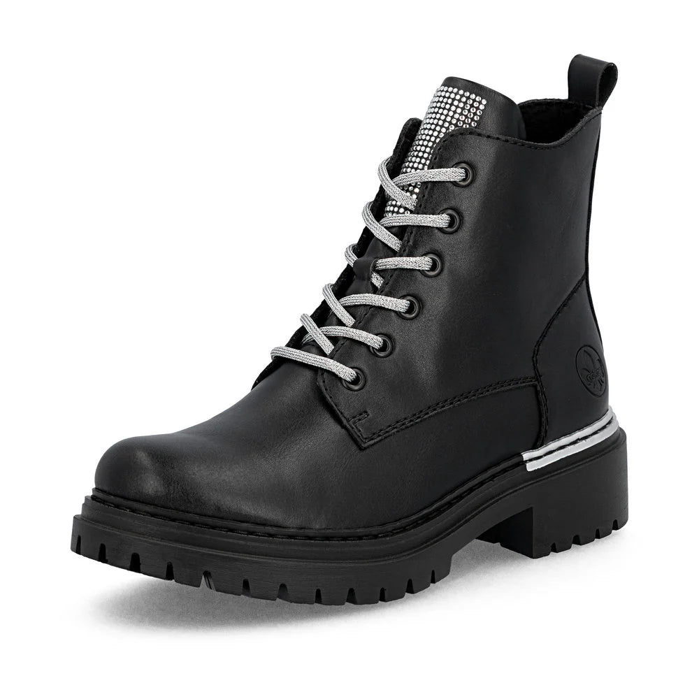Rieker Women's Pearl 20 Side Zip Lace Boot in Black