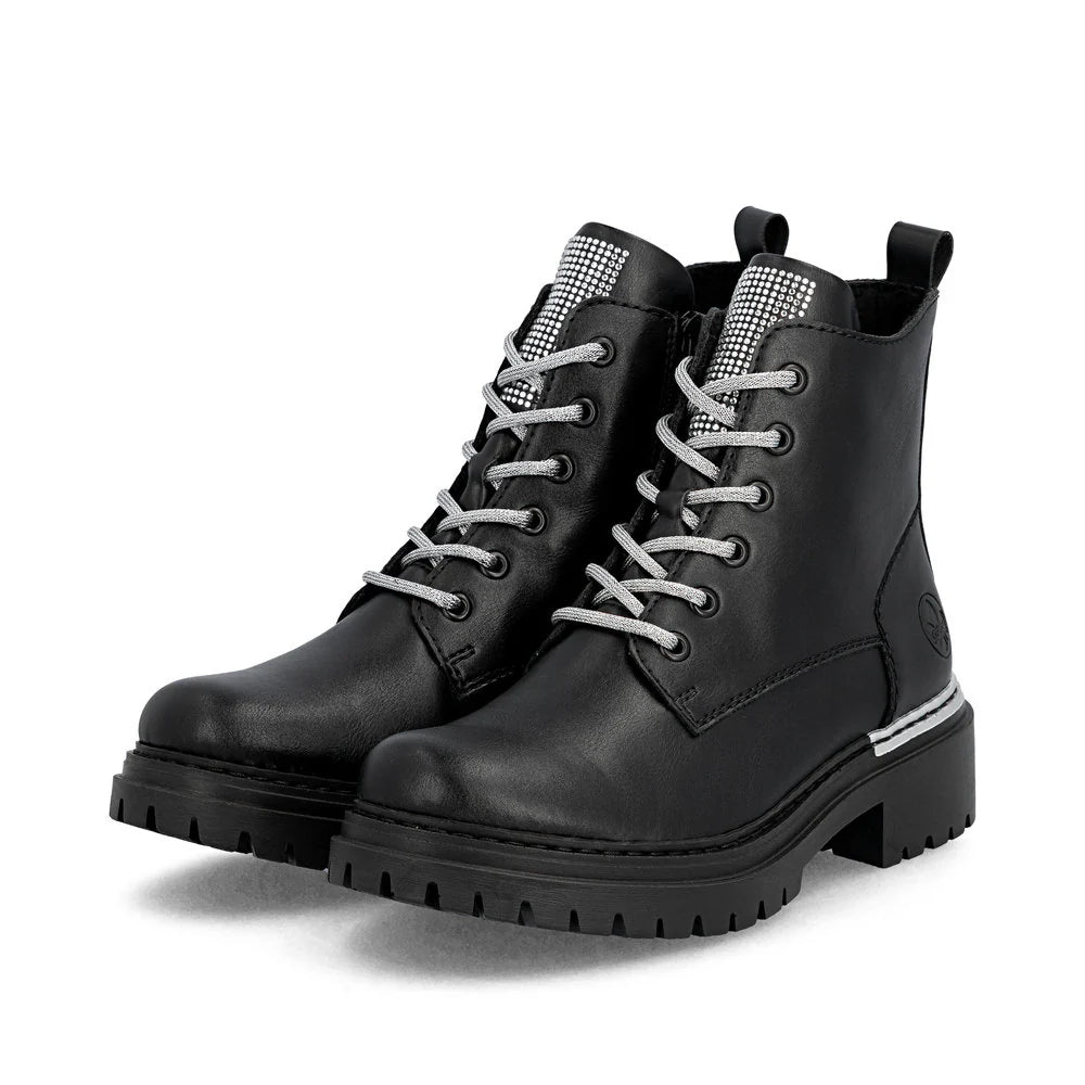 Rieker Women's Pearl 20 Side Zip Lace Boot in Black