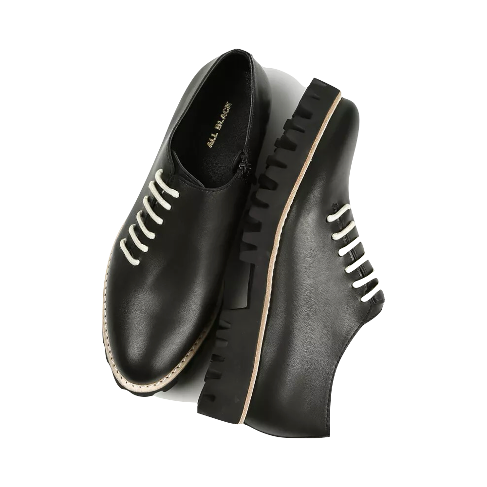 Top down and side view of ALL BLACK Footwear Side Cord Inside Zip Shoes for women.