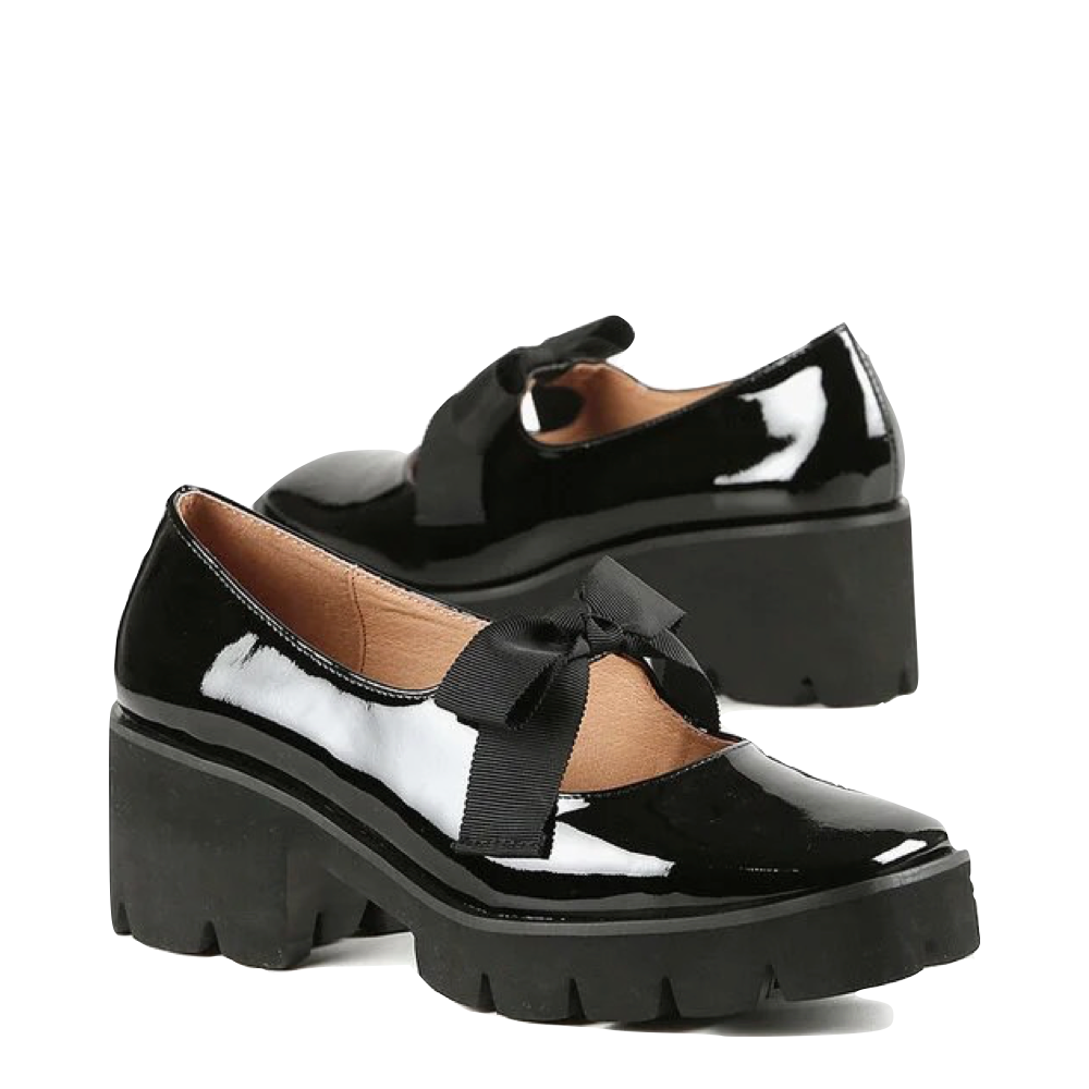 Side (right and left) view of ALL BLACK Footwear Tap Lugg Bow Mary Jane for women.