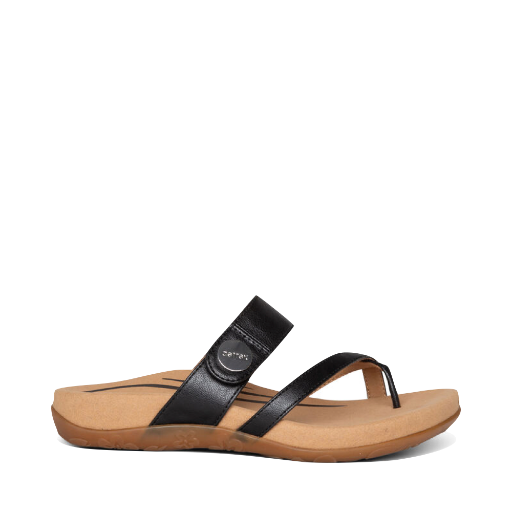Side (right) view of Aetrex Izzy Adjustable Slide Sandal for women.