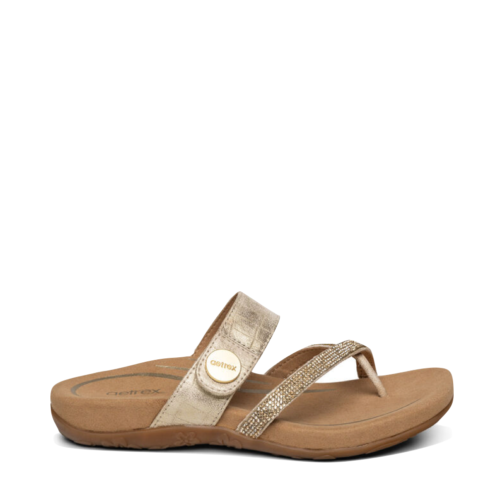 Side (right) view of Aetrex Izzy Adjustable Slide Sandal for women.