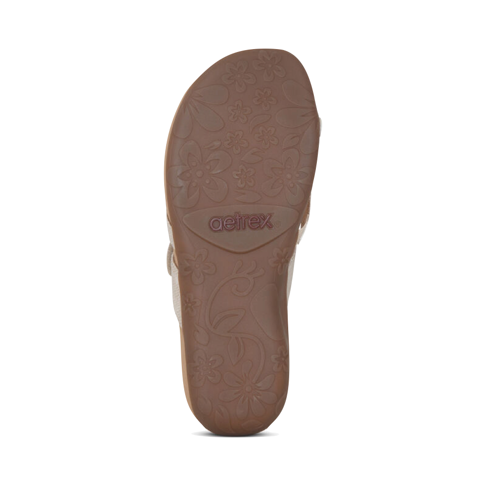 Bottom view of Aetrex Izzy Adjustable Slide Sandal for women.