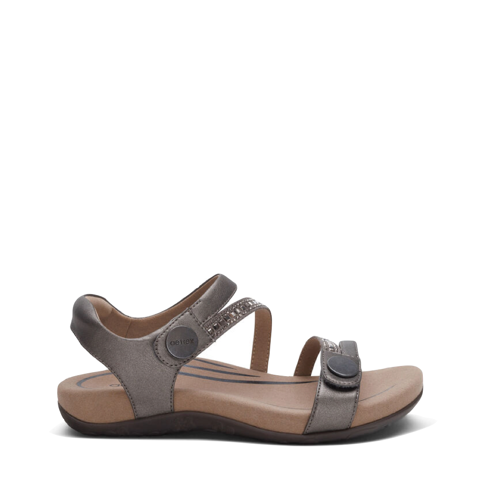 Side (right) view of Aetrex Jess Adjustable Quarter Strap Sandal for women.