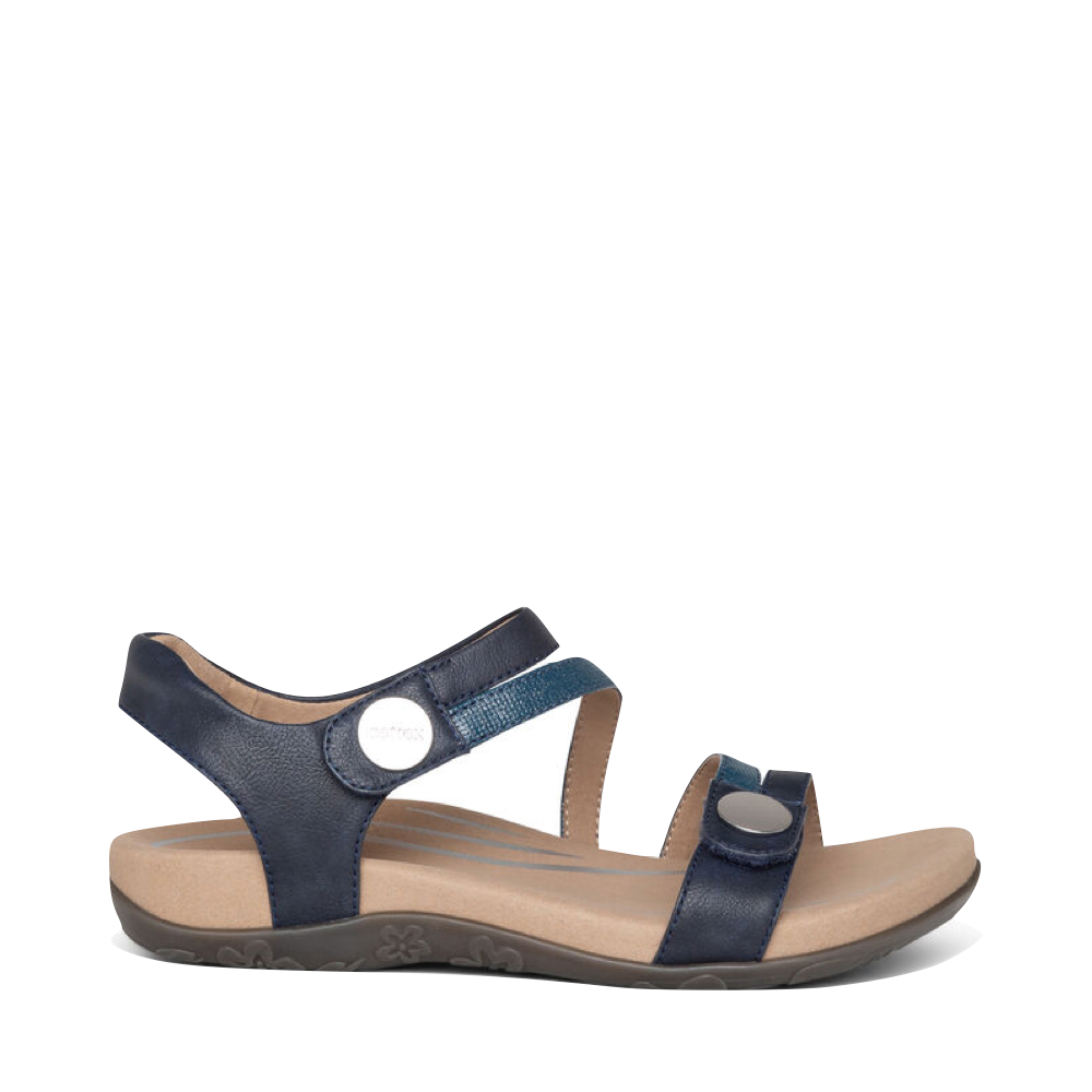 Side (right) view of Aetrex Jess Adjustable Strap Sandal for women.