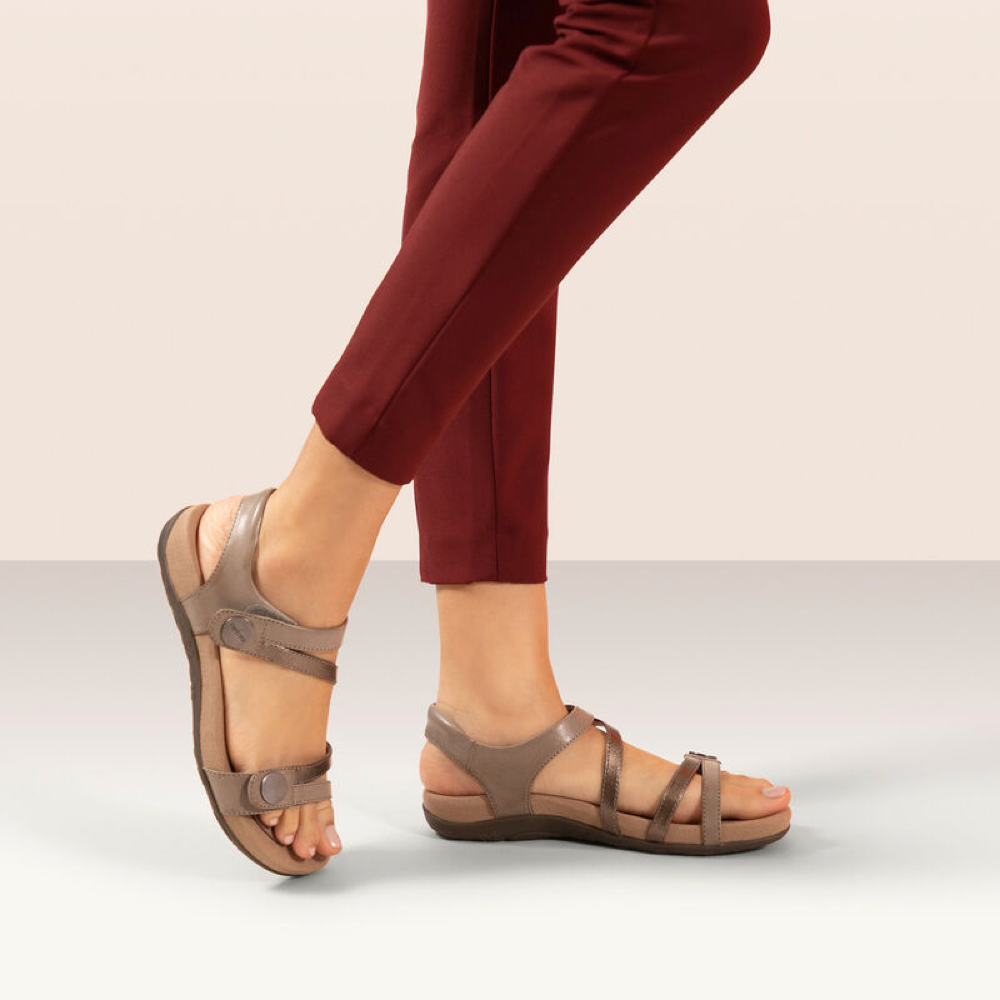 Model view of Aetrex Jess Adjustable Strap Sandal for women.