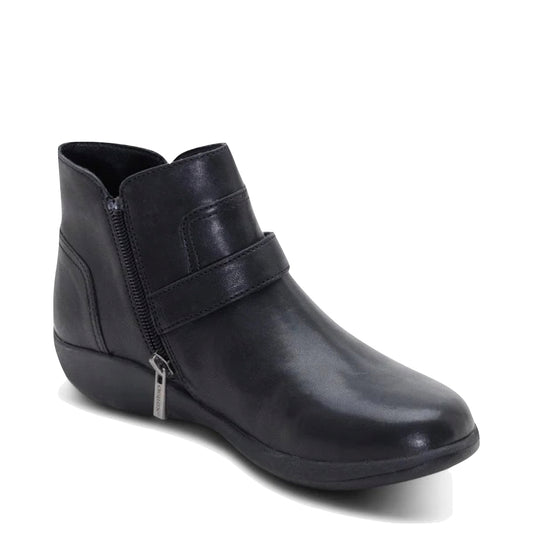 Toe view of Aetrex Leah Buckle Side Zip Ankle Boot for women.