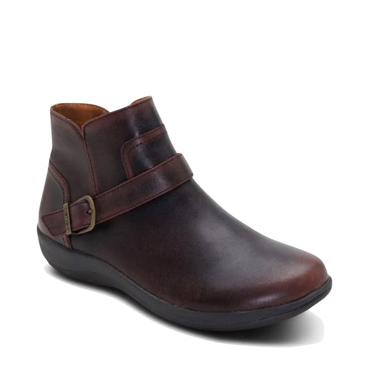 Toe view of Aetrex Leah Buckle Side Zip Ankle Boot for women.