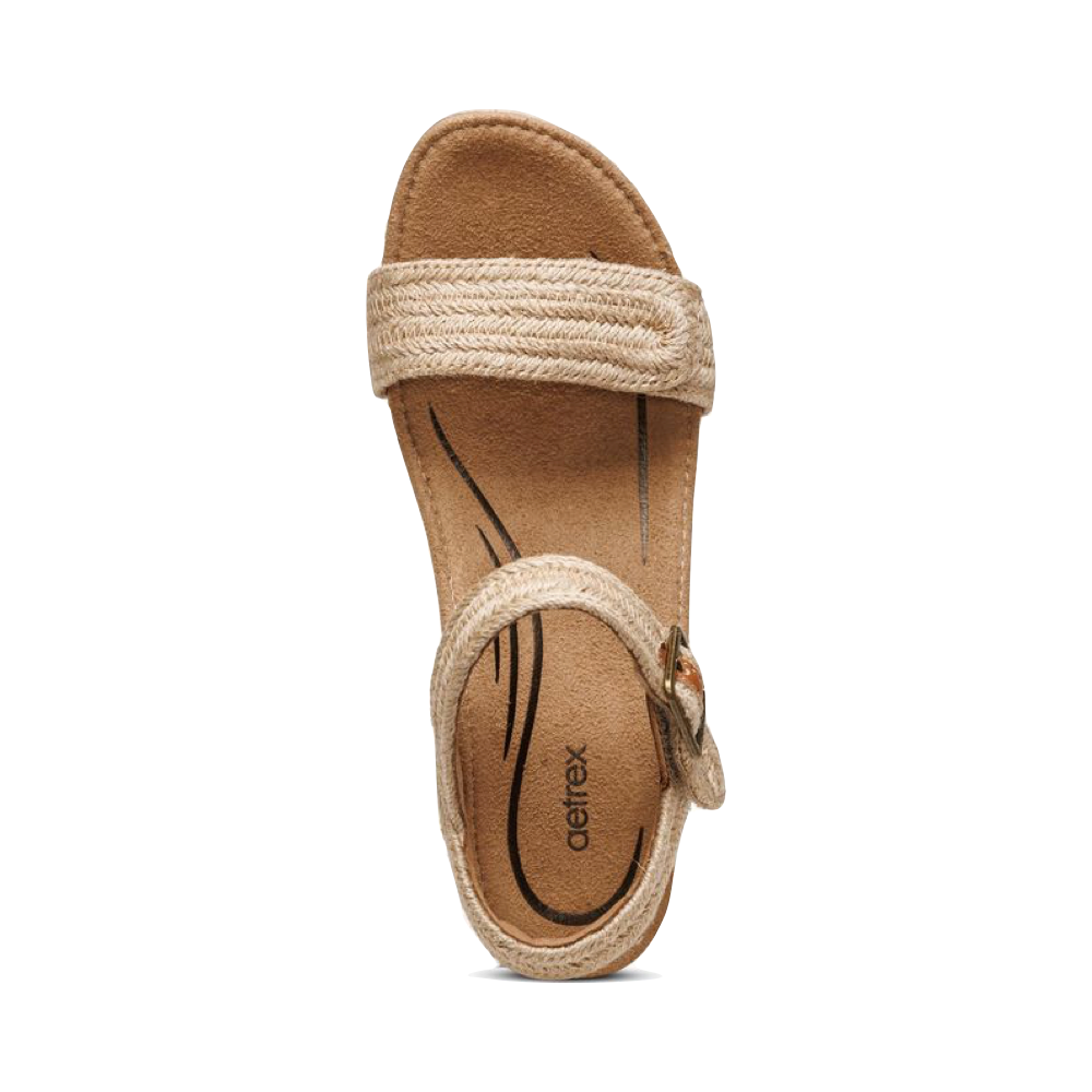 Top-down view of Aetrex Sydney Quarter Strap Espadrille Wedge Sandal for women.