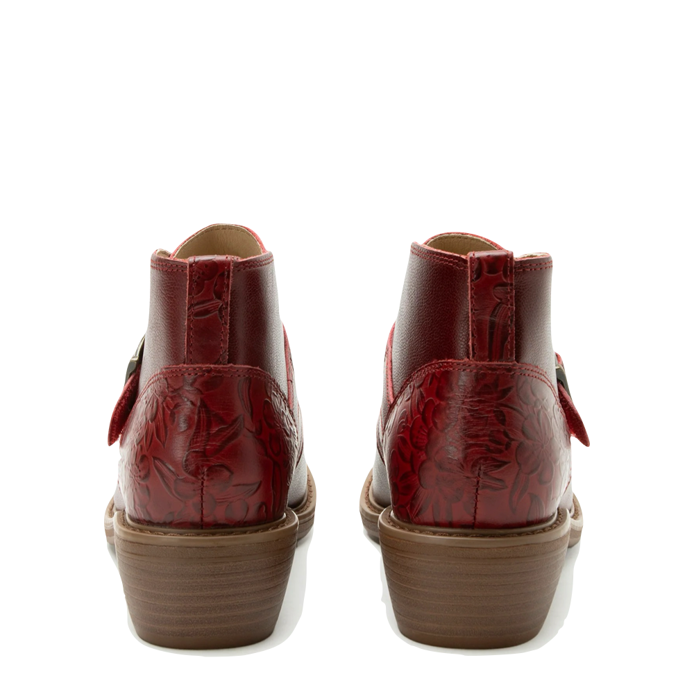 Back view of Alegria Mikki Loretta Leather Heeled Boot for women.