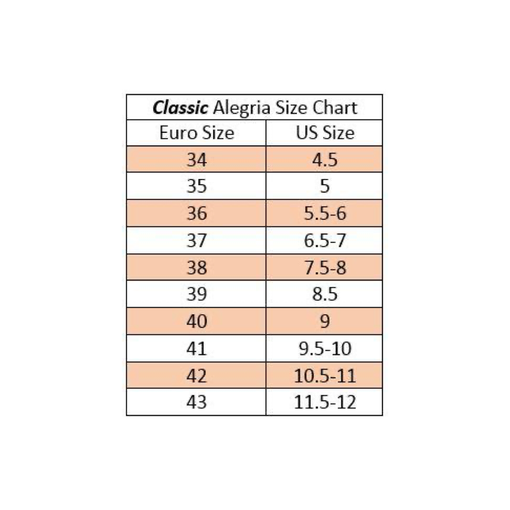 Alegria sizing chart.