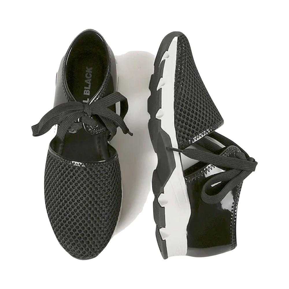 Top-down and side view of All Black Amazing Mesh Sneaker for women.