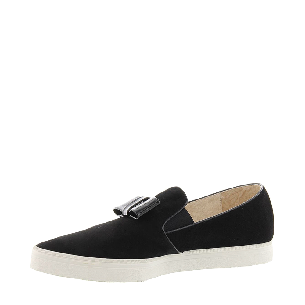 Side (left) view of All Black Tux Suede Slip On for women.