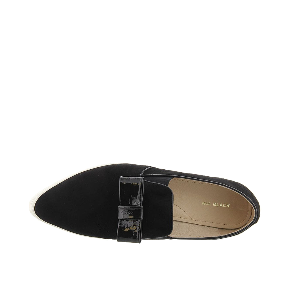 Top-down view of All Black Tux Suede Slip On for women.