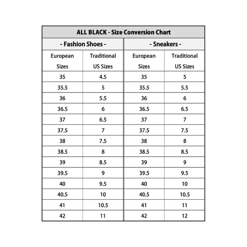 All Black sizing chart.