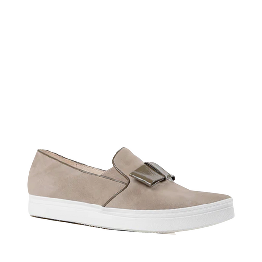 Side (right) view of All Black Tux Suede Slip On for women.