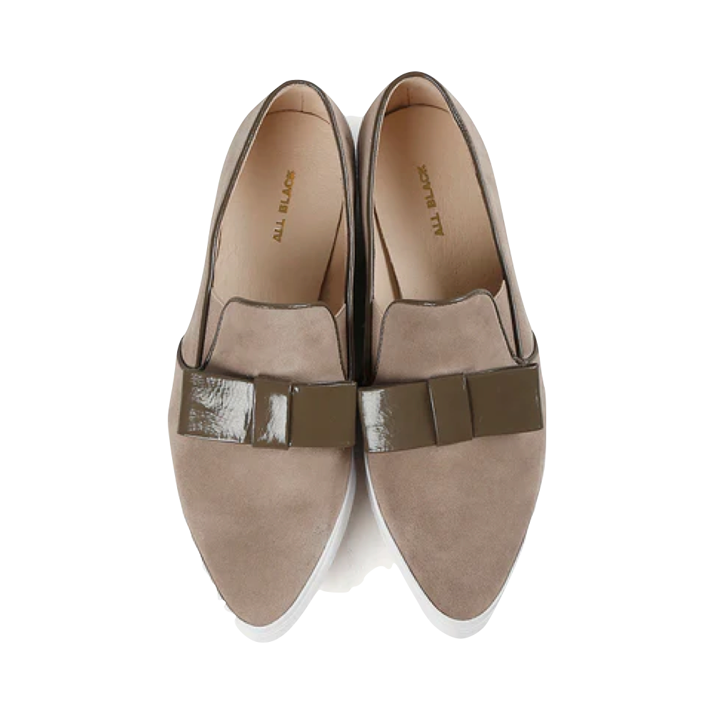 Top-down view of All Black Tux Suede Slip On for women.