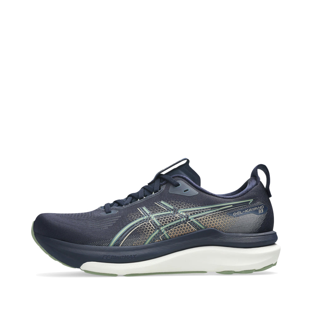 Side (left) view of Asics Gel-Kayano 33 Sneaker for men.