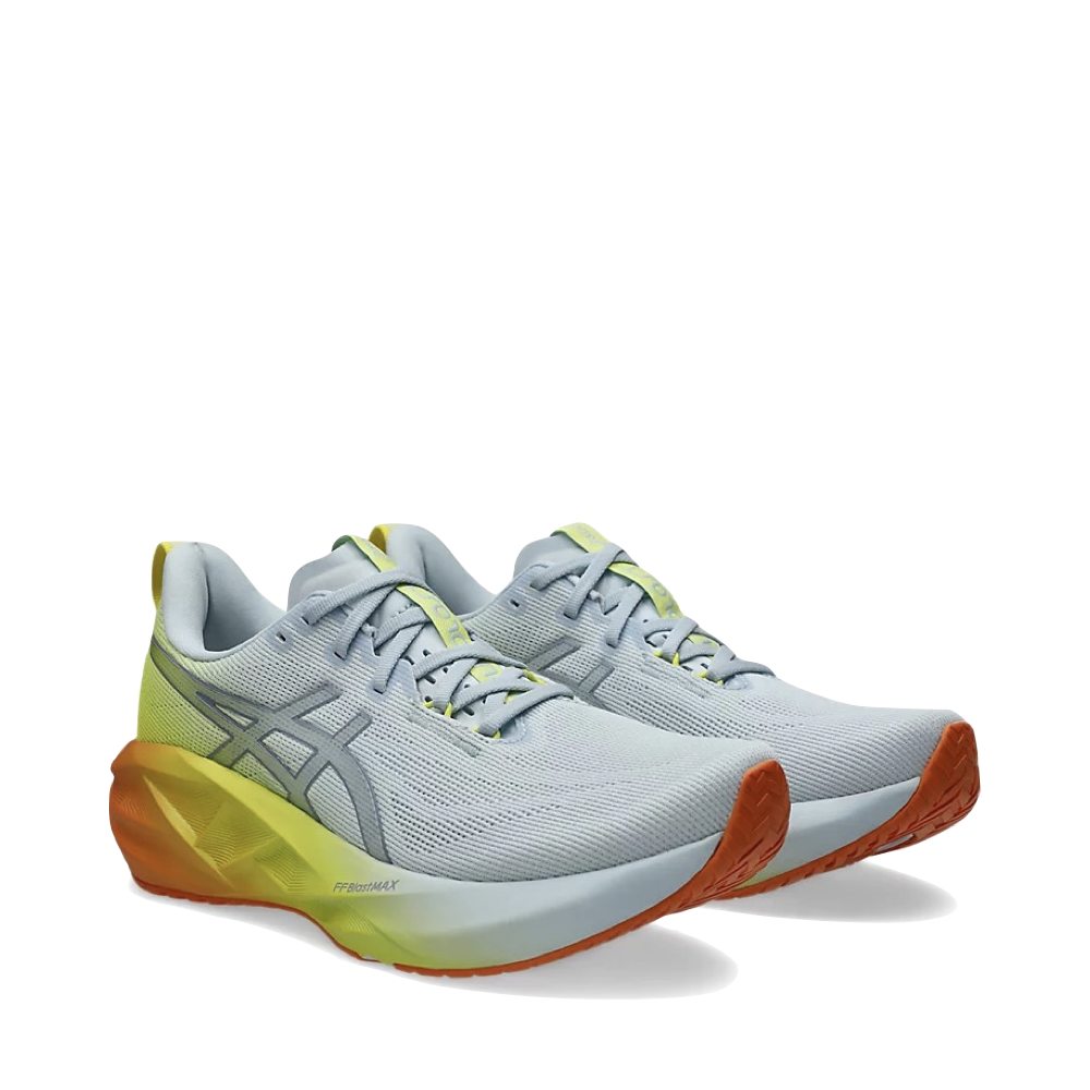 Mudguard and Toe view of Asics Novablast 5 Sunny Sizzle Sneaker for men.
