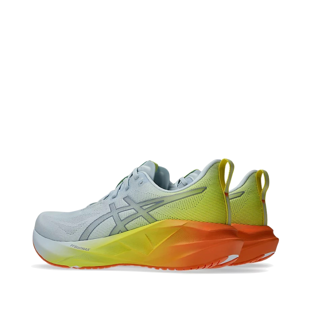 Side (left) view of Asics Novablast 5 Sunny Sizzle Sneaker for men.