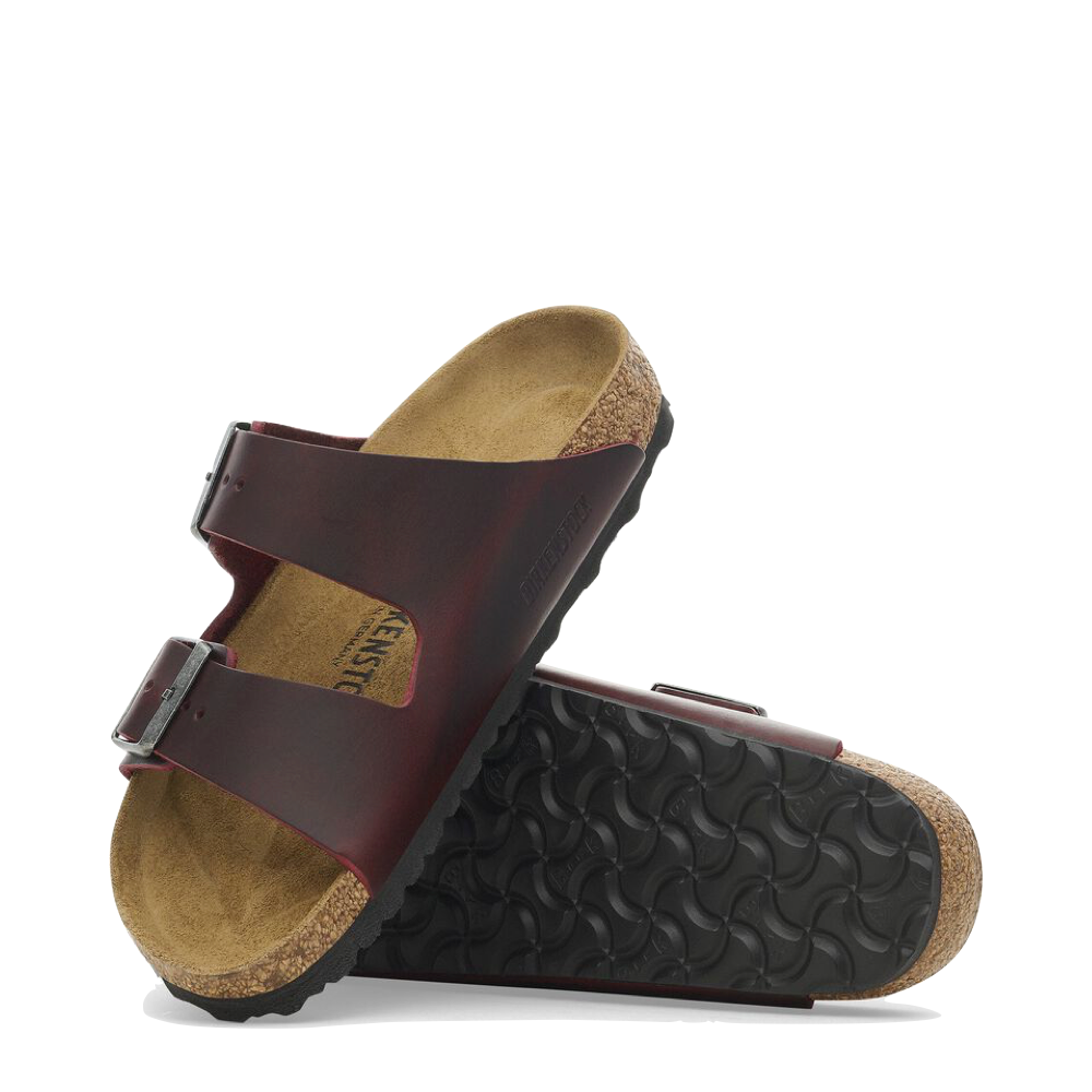 Side and bottom view of Birkenstock Arizona Oiled Leather Sandal for unisex.