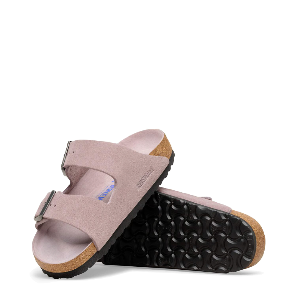 Side and bottom view of Birkenstock Arizona Suede Soft Footbed Sandal. 