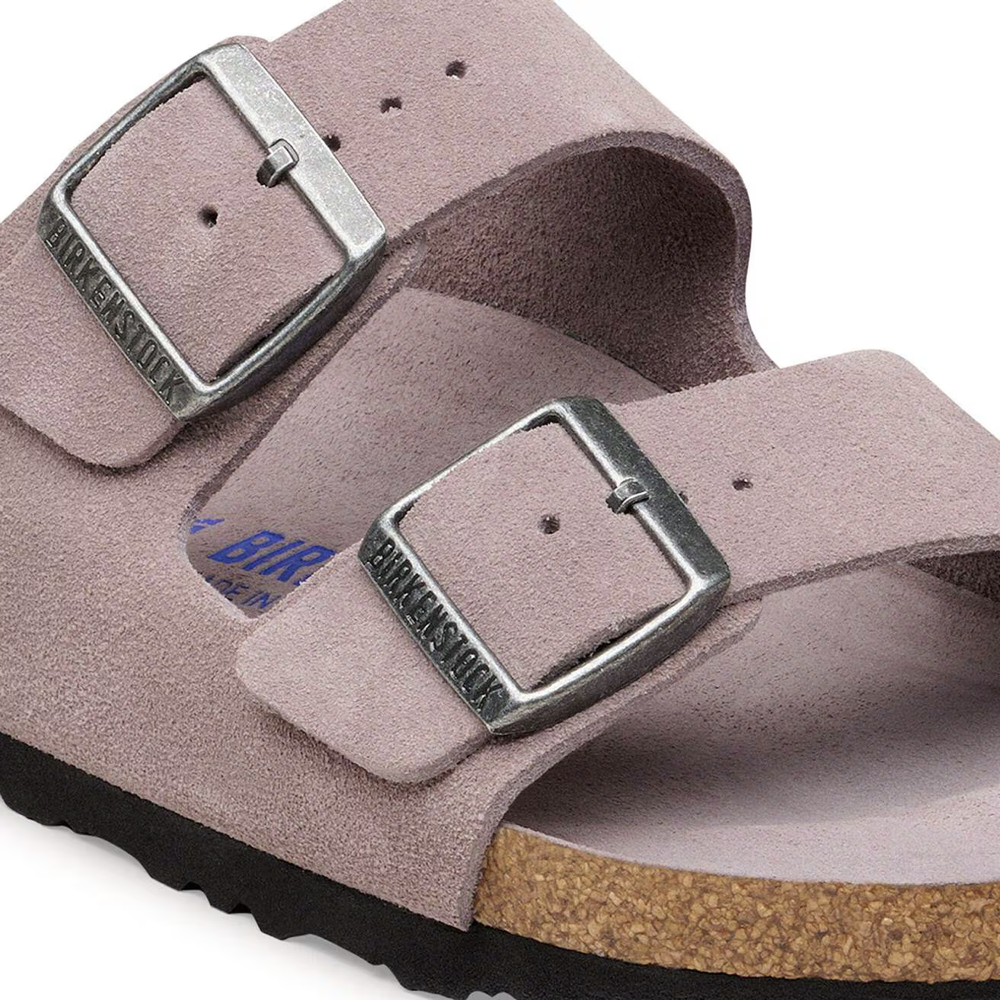 Detail view of Birkenstock Arizona Suede Soft Footbed Sandal. 