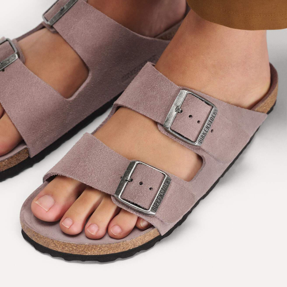 Model view of Birkenstock Arizona Suede Soft Footbed Sandal. 