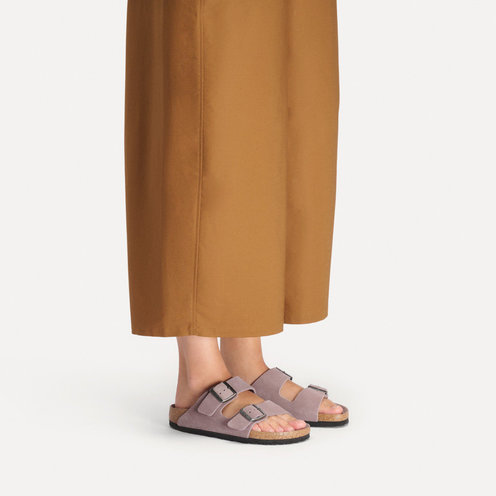 Model view of Birkenstock Arizona Suede Soft Footbed Sandal. 
