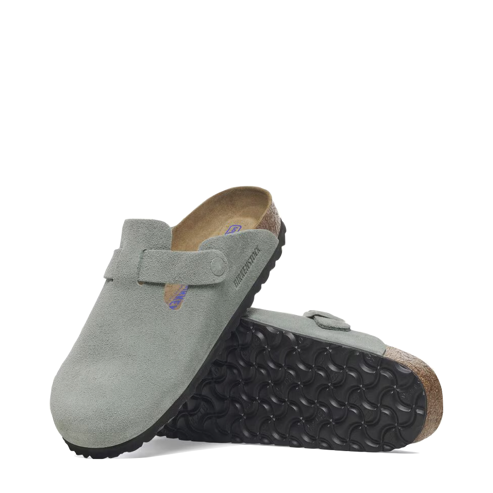 Side and Bottom view of Birkenstock Boston Suede Soft Footbed Clog.