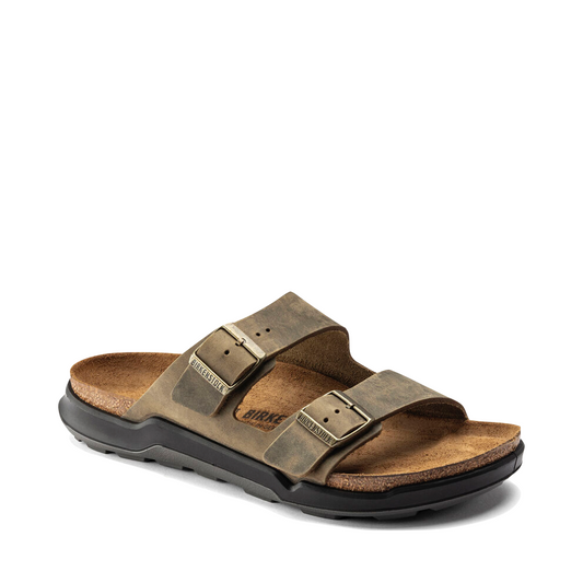 Birkenstock Men's Arizona Rugged Leather Slide Sandal in Faded Khaki