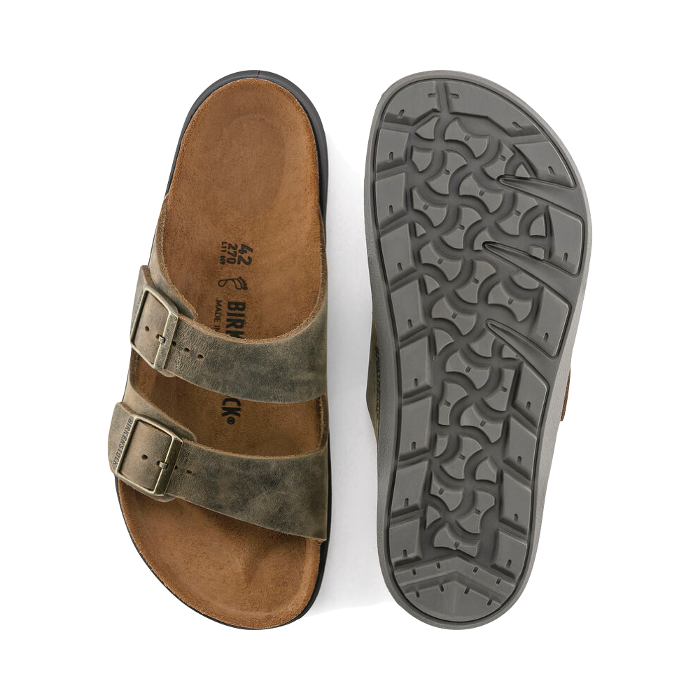 Top-down and bottom view of Birkenstock Arizona Rugged Leather Slide Sandal for men.