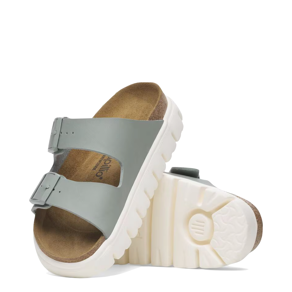 Top-down and bottom view of Birkenstock Arizona Chunky Birko-Flor Sandal for women.