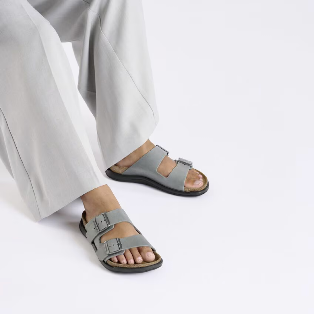 Model view of Birkenstock Arizona Crosstown Rugged Oiled Leather Sandal for women.