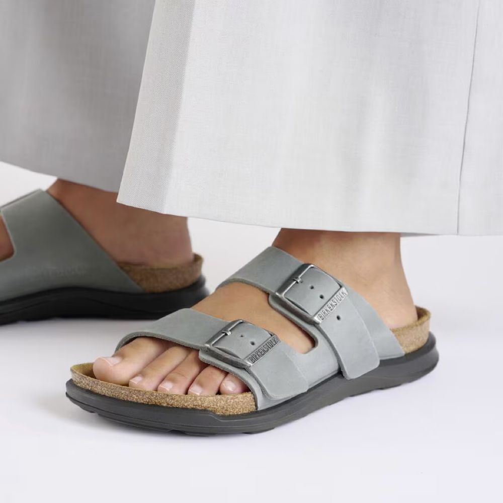 Model view of Birkenstock Arizona Crosstown Rugged Oiled Leather Sandal for women.