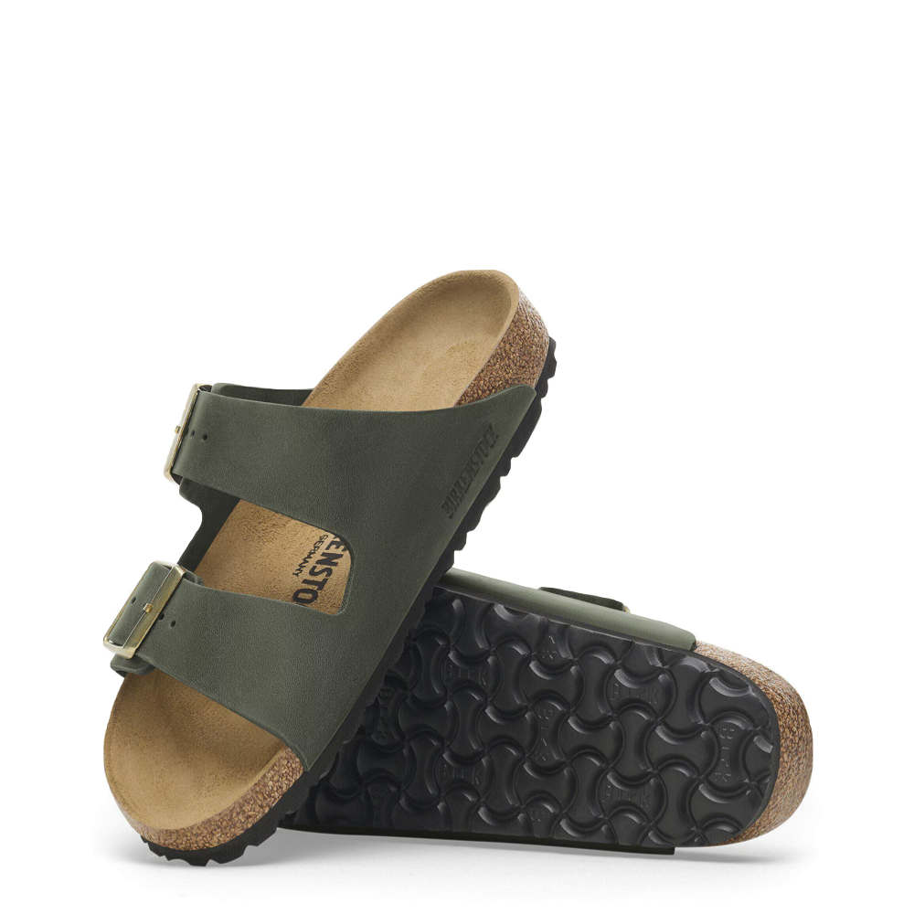 Top-down and bottom view of Birkenstock Arizona Oiled Leather Sandal for women.
