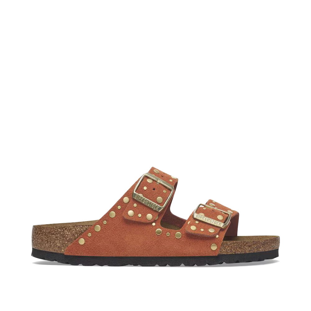 Side (right) view of Birkenstock Arizona Rivet Suede Sandal for women.