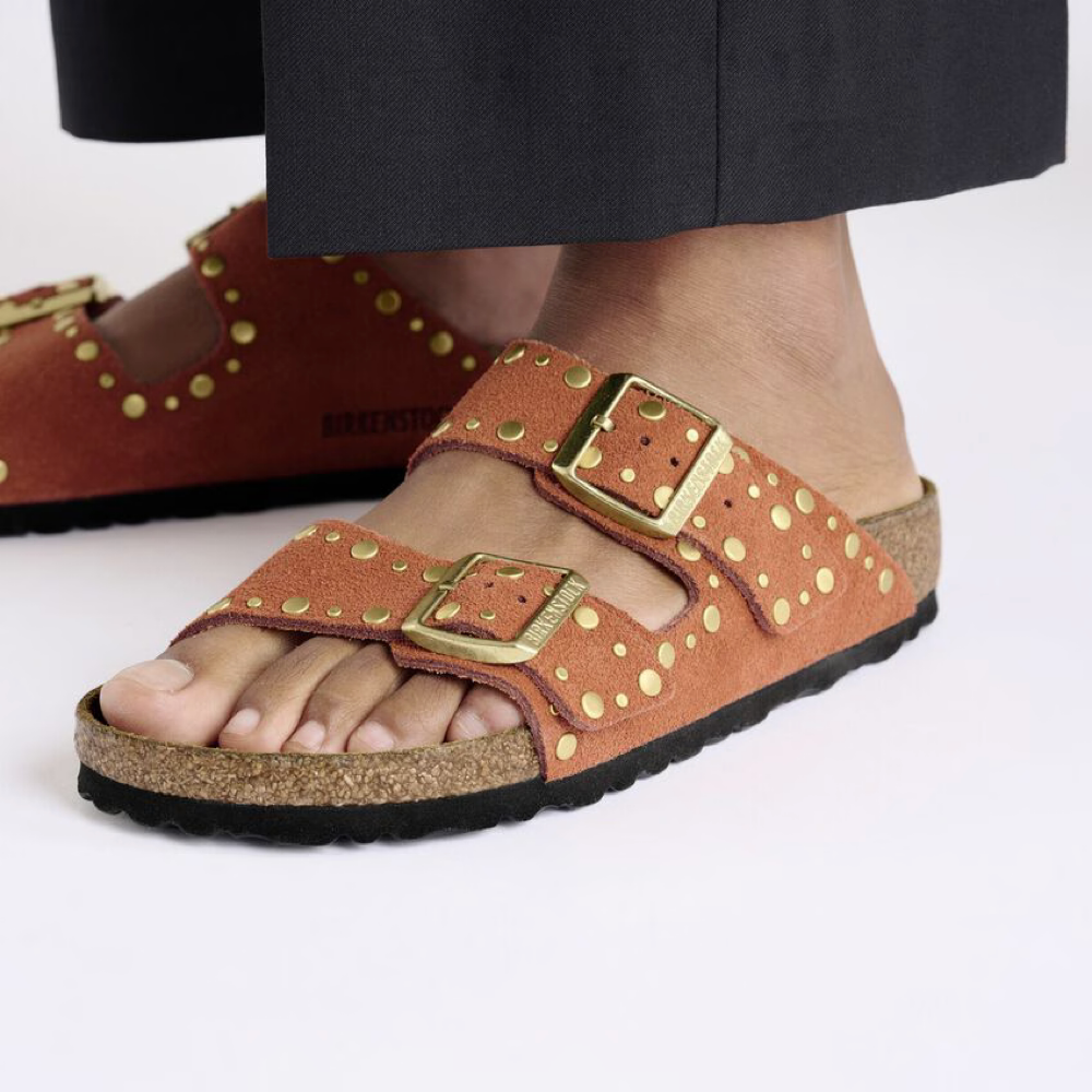 Model view of Birkenstock Arizona Rivet Suede Sandal for women.