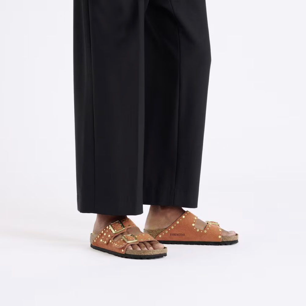 Model view of Birkenstock Arizona Rivet Suede Sandal for women.