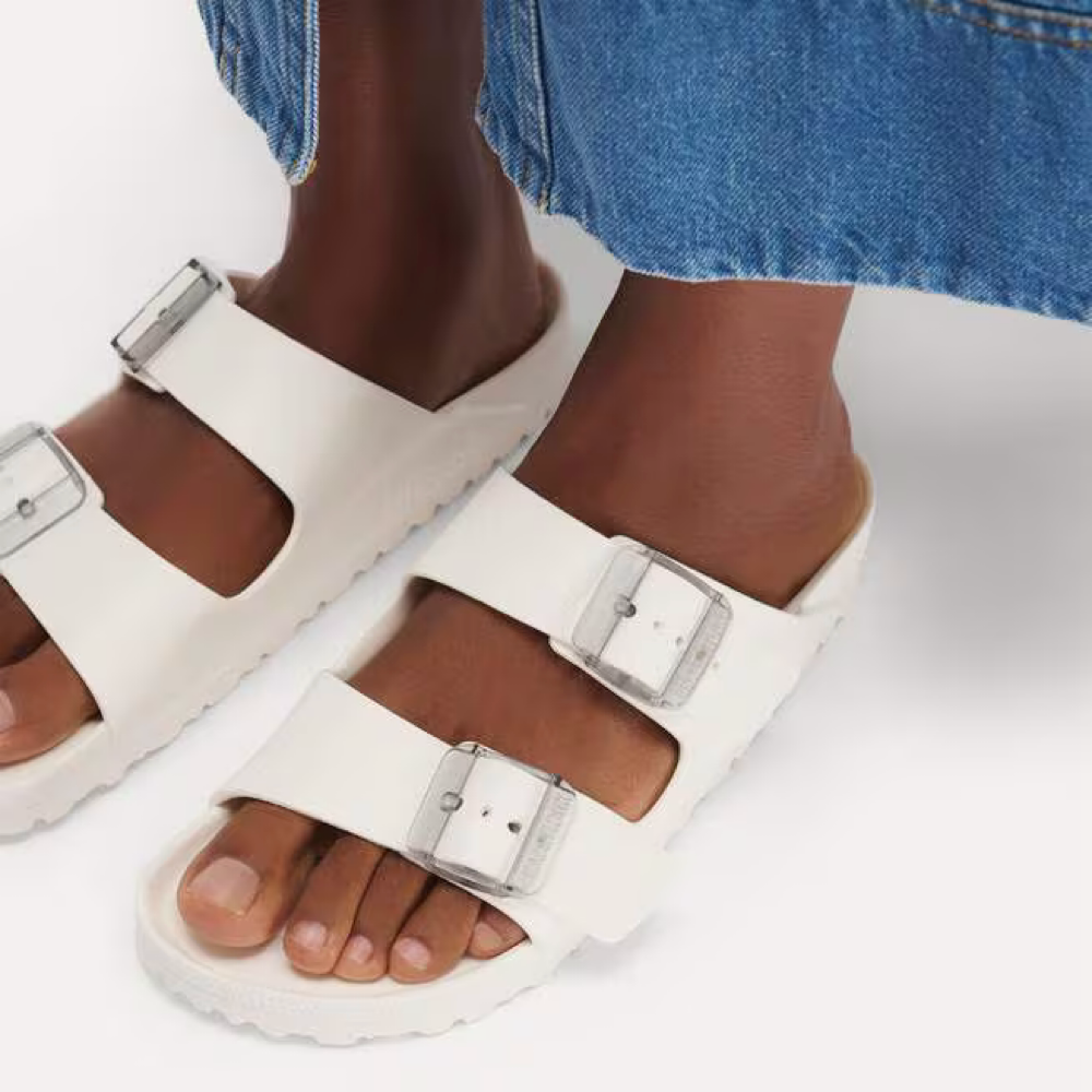 Model view of Birkenstock Arizona Stealth Buckle EVA Sandal for women.