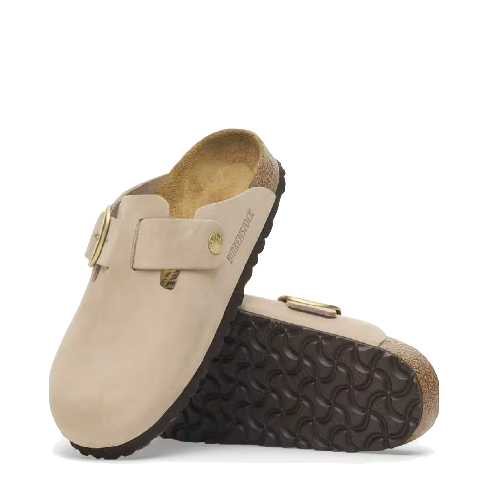 Side and bottom view of Birkenstock Boston Big Buckle Clog for women.
