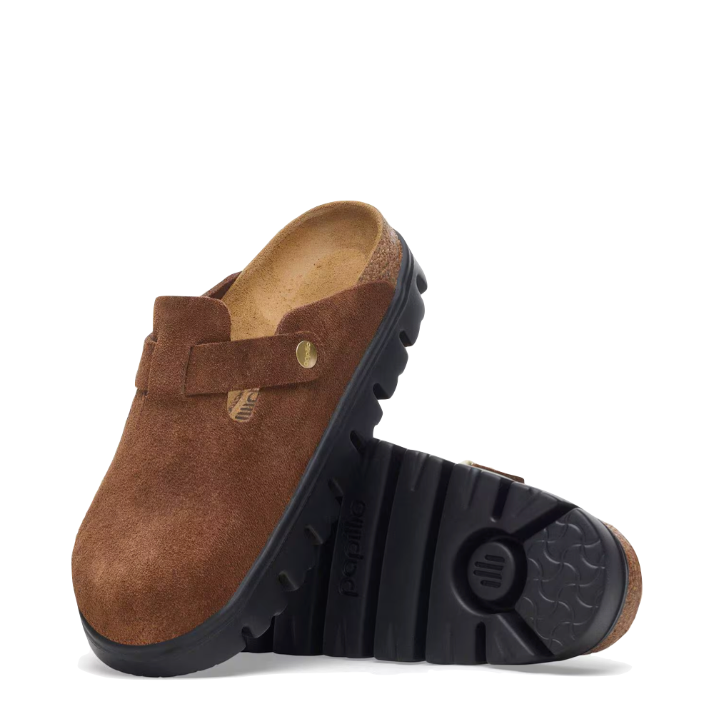 Top-down and bottom view of Birkenstock Boston Chunky Suede Leather Clog for women.