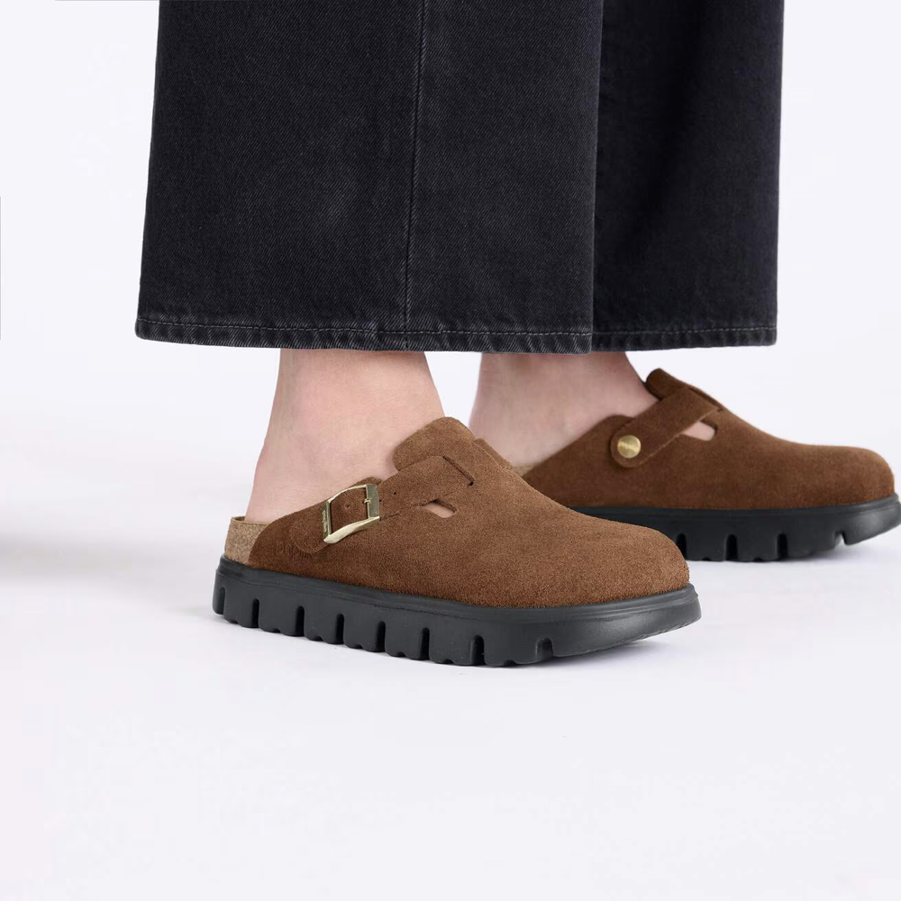 Model view of Birkenstock Boston Chunky Suede Leather Clog for women.