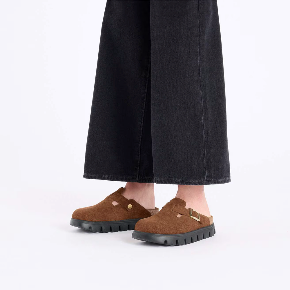 Model view of Birkenstock Boston Chunky Suede Leather Clog for women.