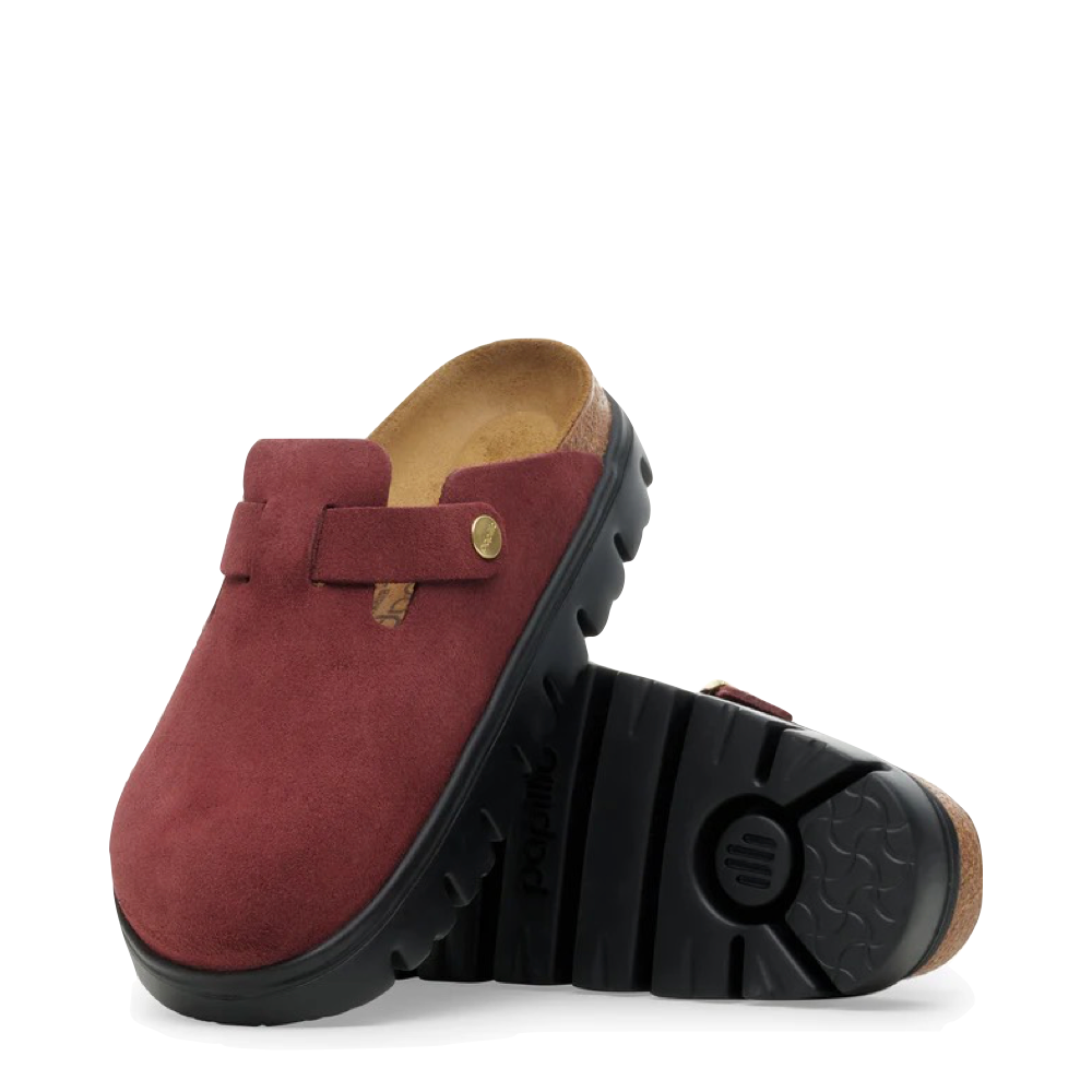 Top-down and bottom view of Birkenstock Boston Chunky Suede Leather Clog for women.