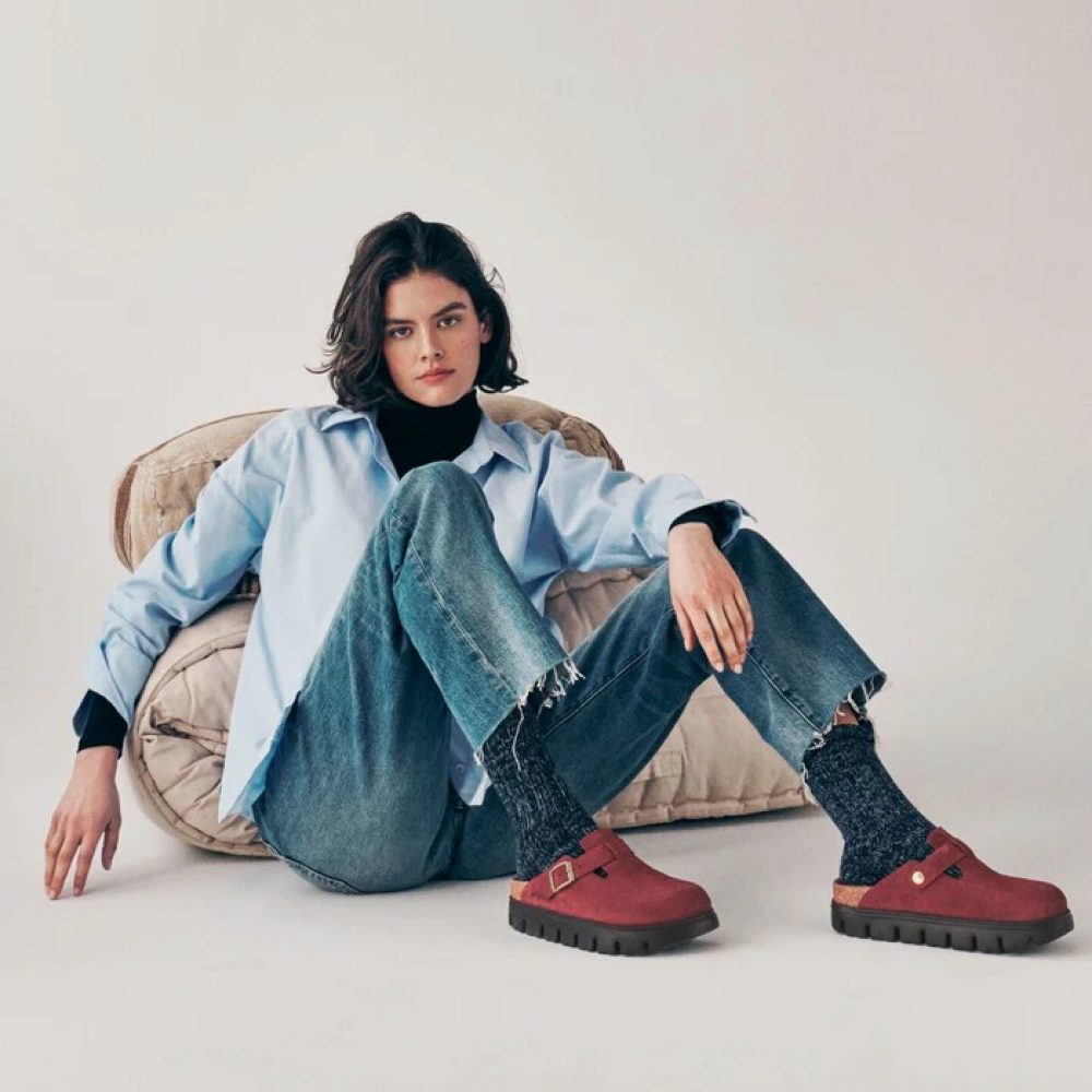 Model view of Birkenstock Boston Chunky Suede Leather Clog for women.