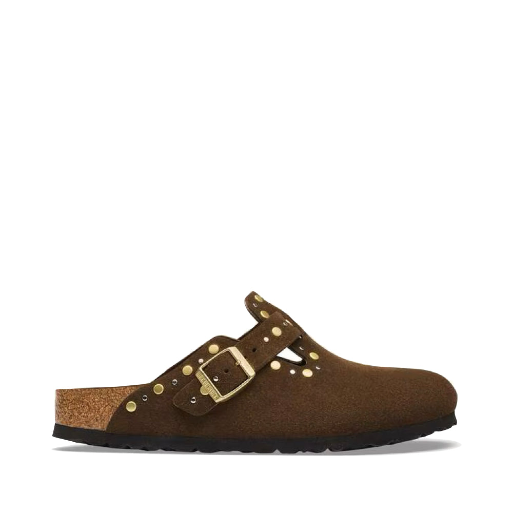 Side (right) view of Birkenstock Boston Rivets Suede Clog for women.