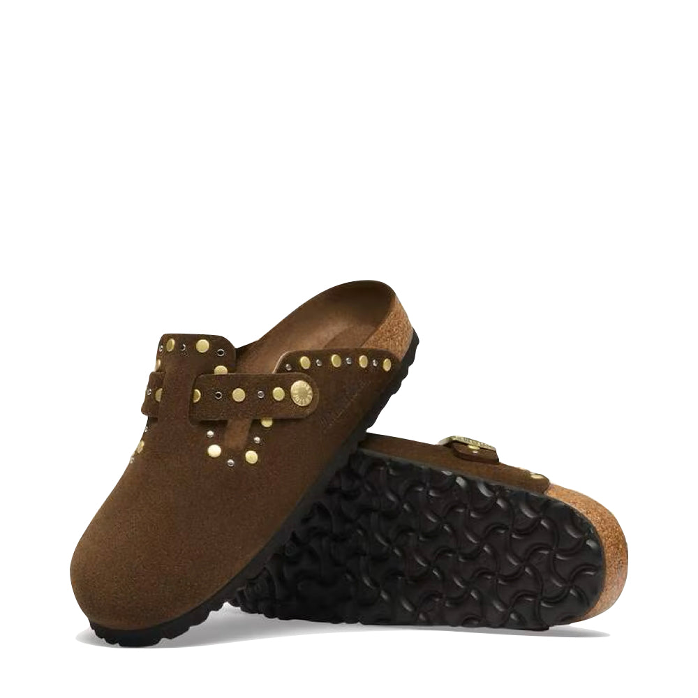 Side and bottom view of Birkenstock Boston Rivets Suede Clog for women.